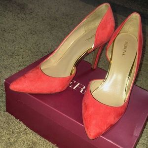 Coral and gold dress heels
